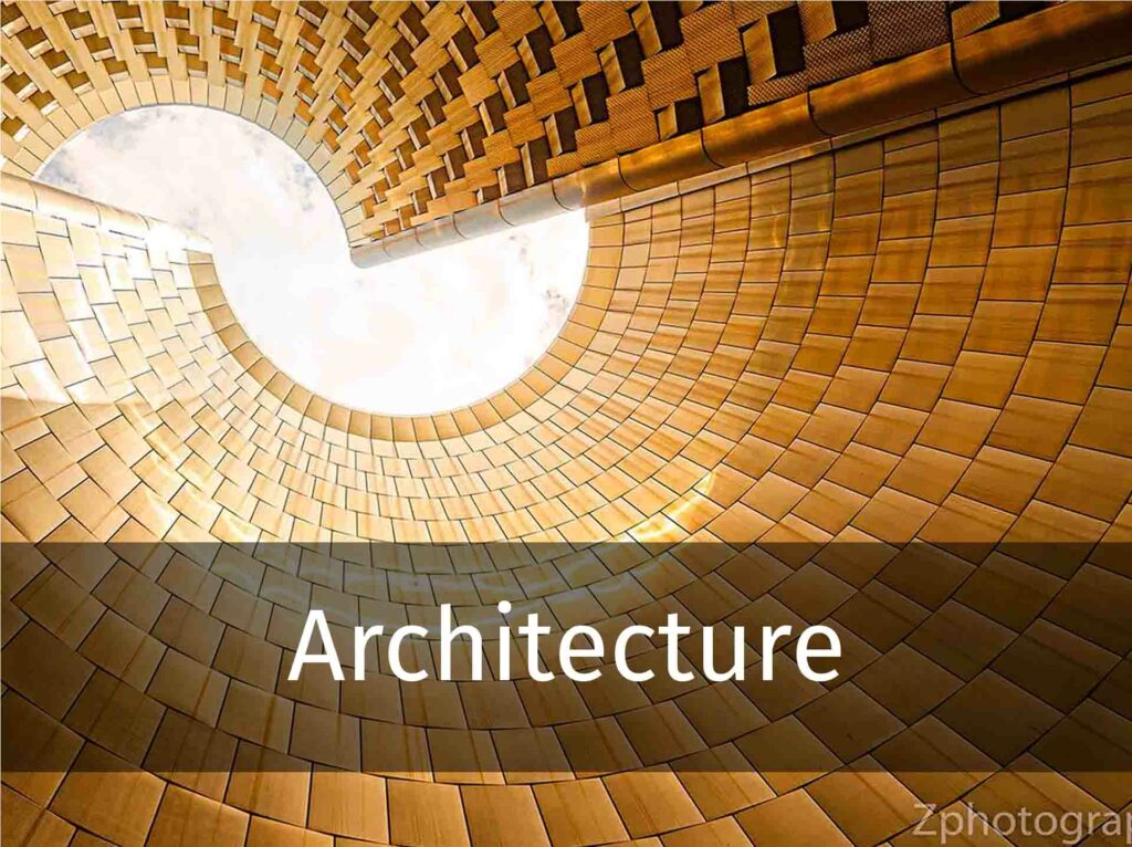 photo d'architecture montrant des bâtiments dorée