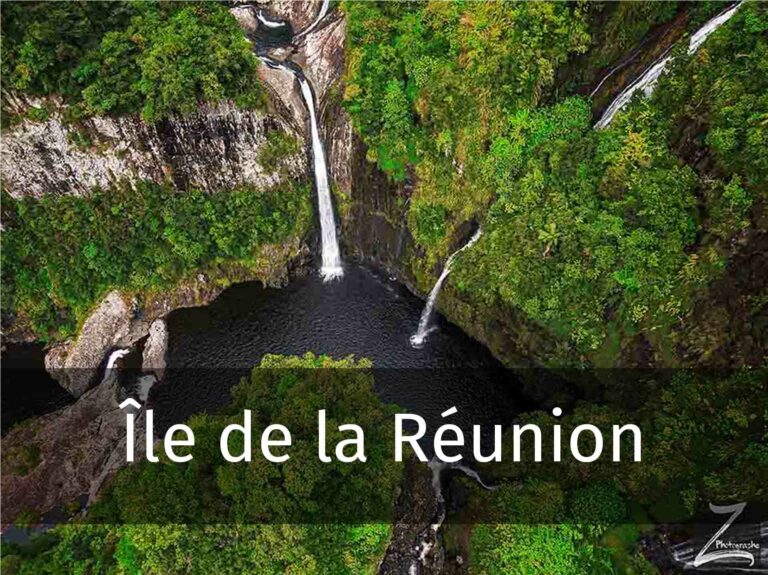 photo de paysage de drone de l'île de la Réunion avec titre "Île de la Réunion"